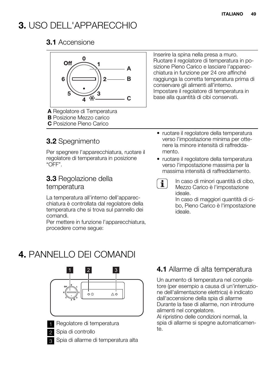 Uso dell'apparecchio, Pannello dei comandi, 1 accensione | 2 spegnimento, 3 regolazione della temperatura, 1 allarme di alta temperatura | Electrolux EC2830AOW1 User Manual | Page 49 / 72