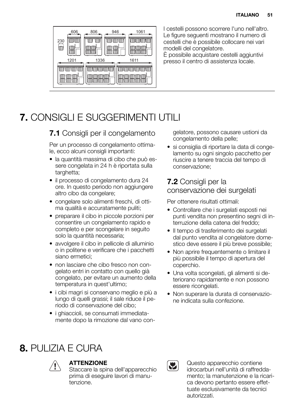Consigli e suggerimenti utili, Pulizia e cura, 1 consigli per il congelamento | 2 consigli per la conservazione dei surgelati | Electrolux EC2830AOW1 User Manual | Page 51 / 72
