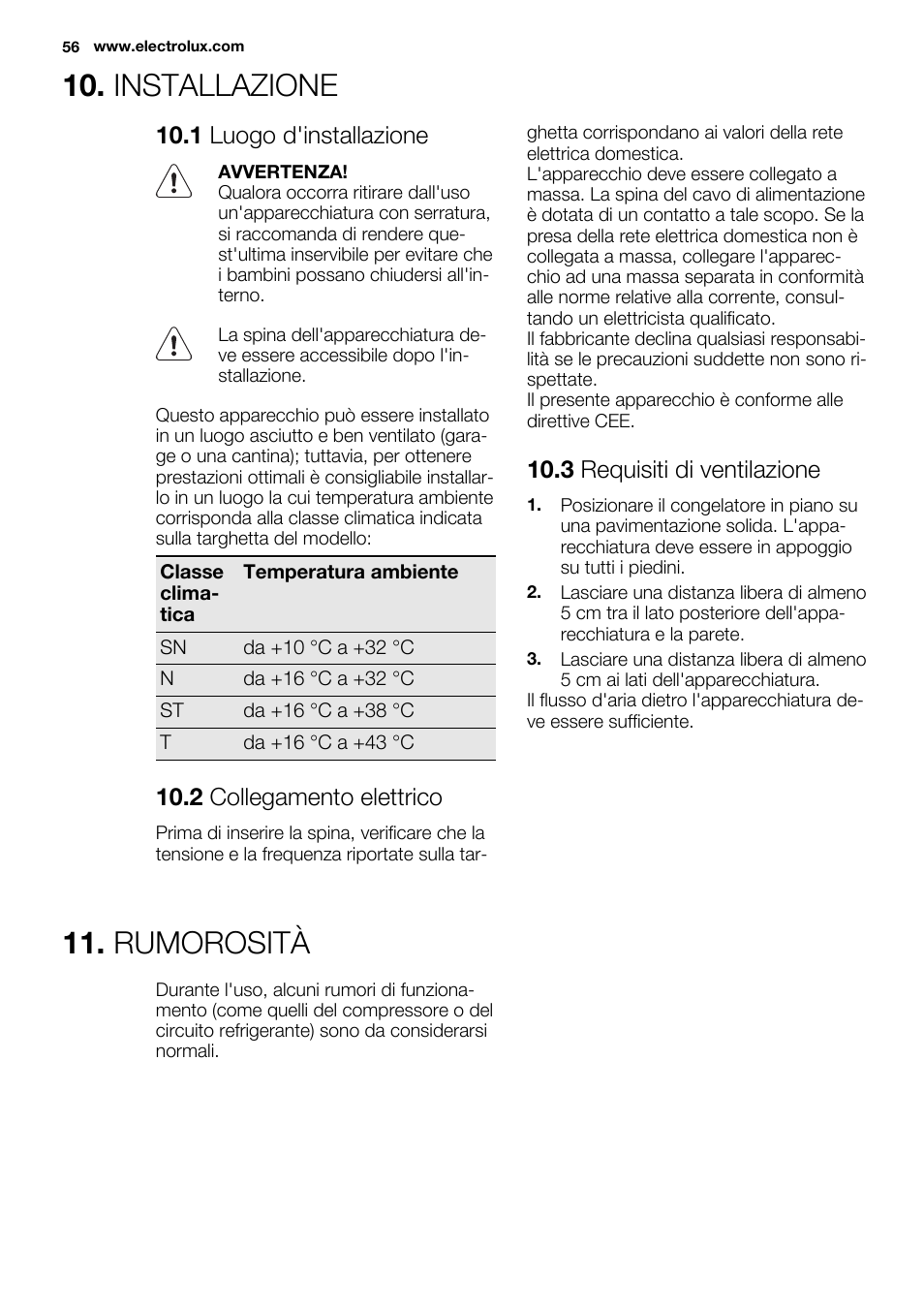 Installazione, Rumorosità, 1 luogo d'installazione | 2 collegamento elettrico, 3 requisiti di ventilazione | Electrolux EC2830AOW1 User Manual | Page 56 / 72