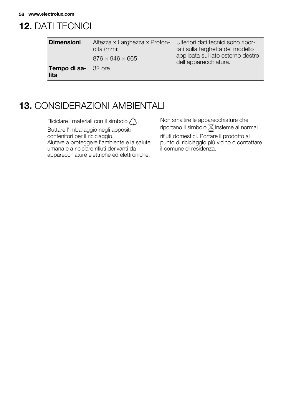 Dati tecnici, Considerazioni ambientali | Electrolux EC2830AOW1 User Manual | Page 58 / 72