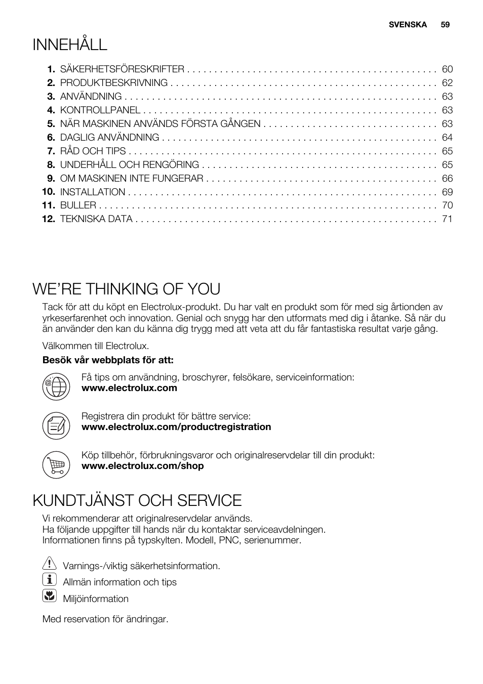Innehåll, We’re thinking of you, Kundtjänst och service | Electrolux EC2830AOW1 User Manual | Page 59 / 72