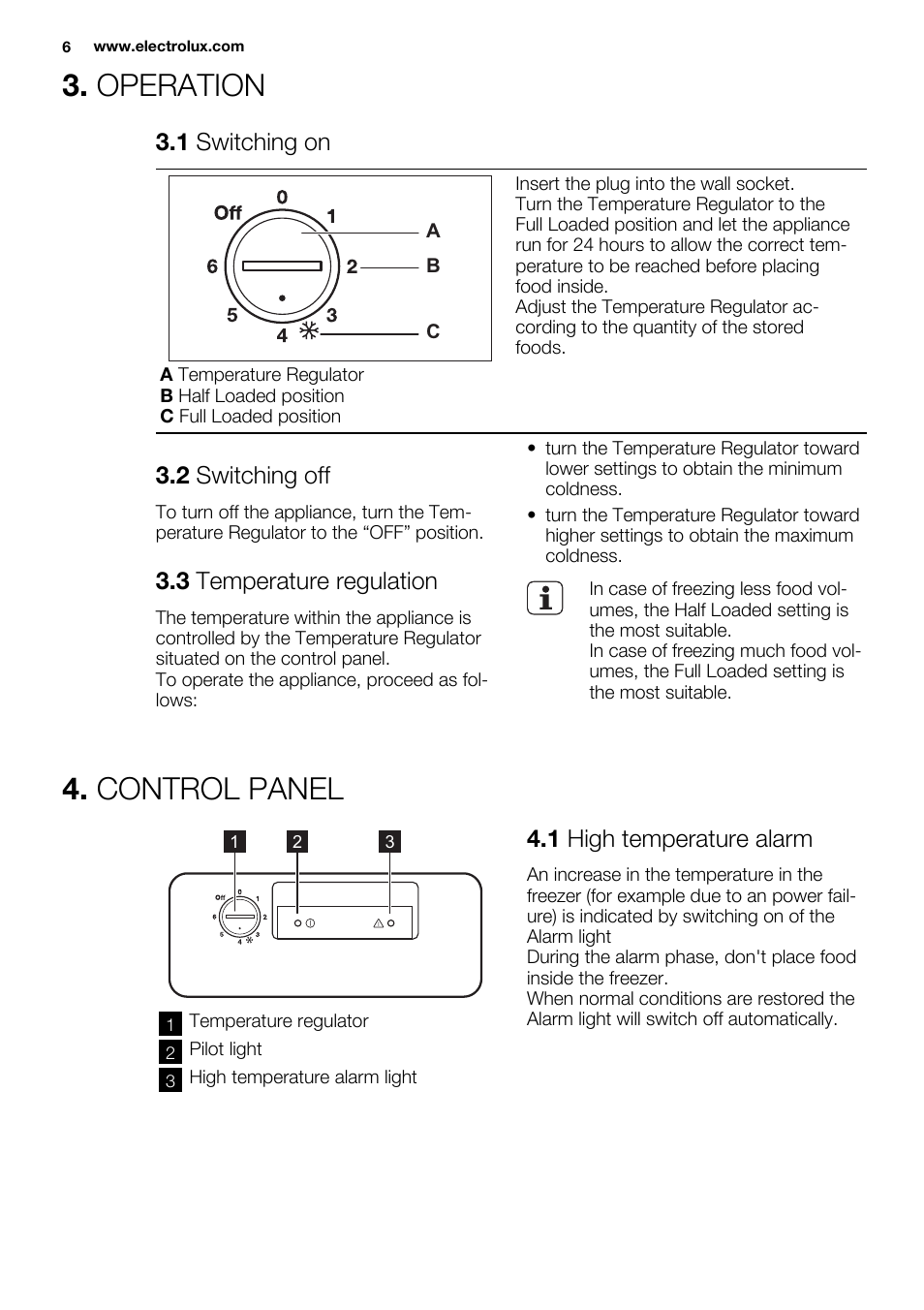 Operation, Control panel, 1 switching on | 2 switching off, 3 temperature regulation, 1 high temperature alarm | Electrolux EC2830AOW1 User Manual | Page 6 / 72
