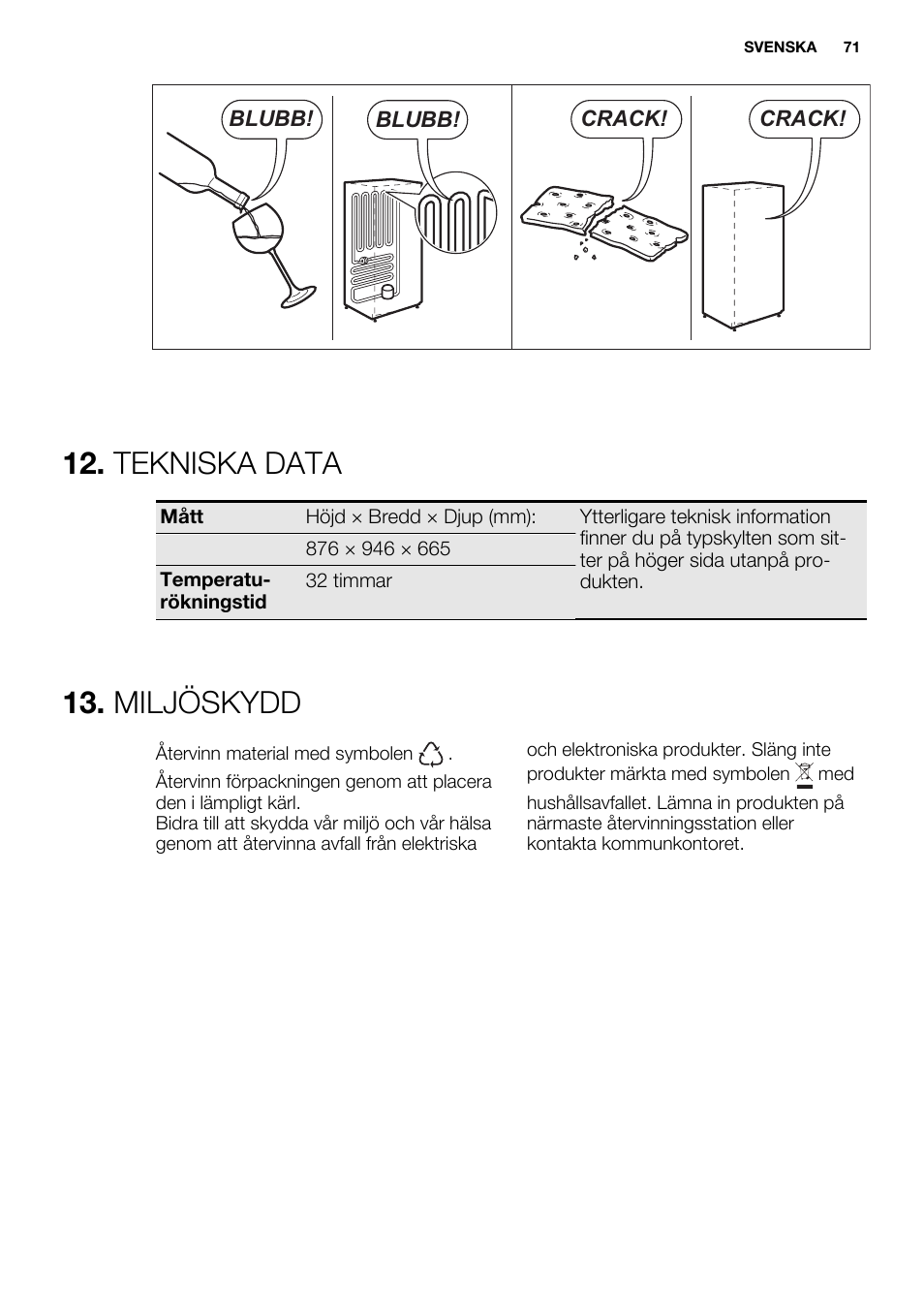 Tekniska data, Miljöskydd | Electrolux EC2830AOW1 User Manual | Page 71 / 72