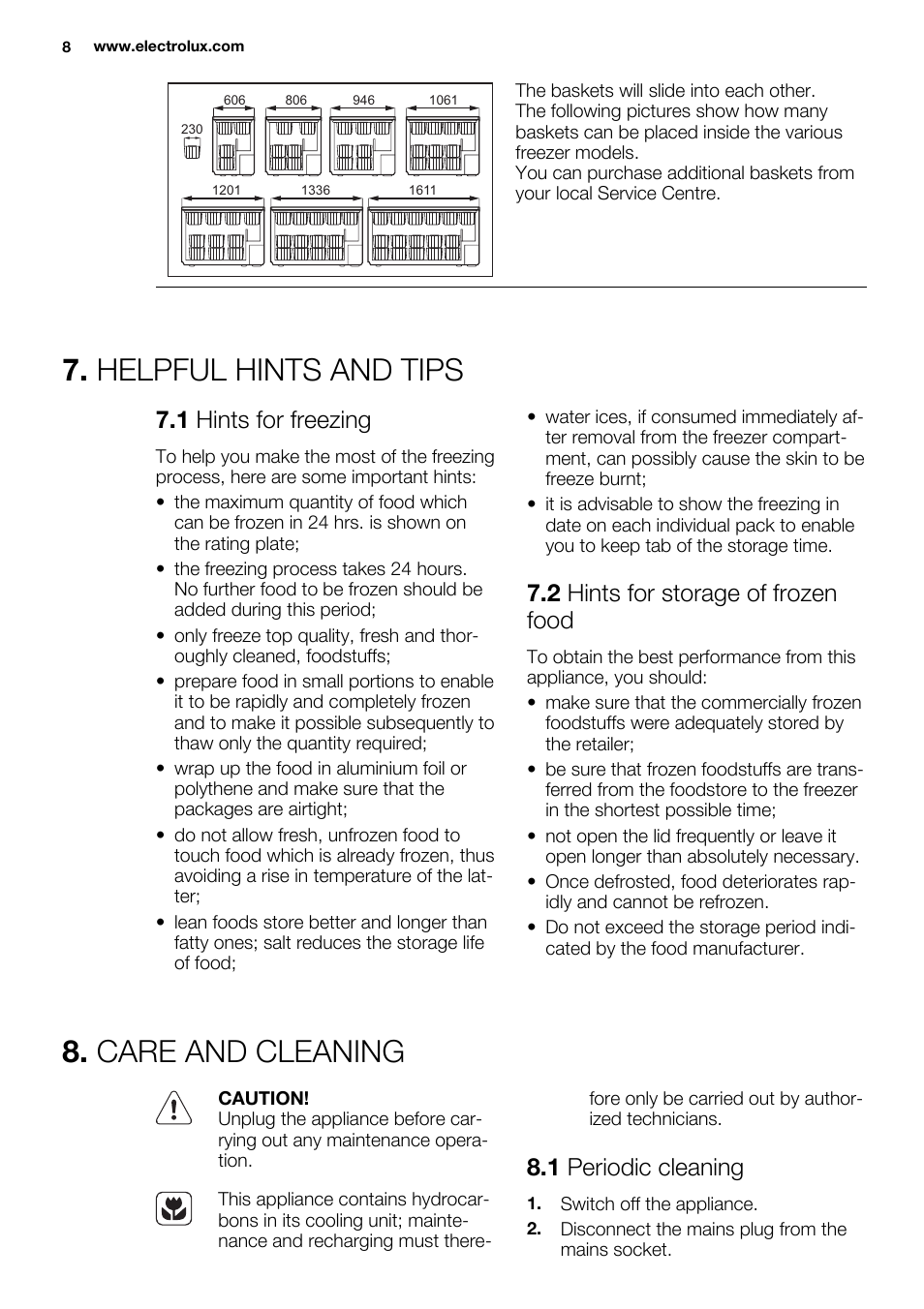 Helpful hints and tips, Care and cleaning, 1 hints for freezing | 2 hints for storage of frozen food, 1 periodic cleaning | Electrolux EC2830AOW1 User Manual | Page 8 / 72