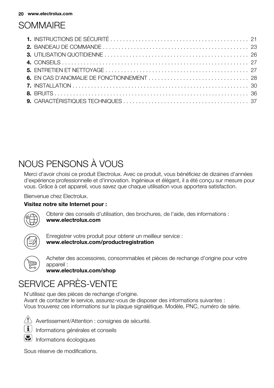 Sommaire, Nous pensons à vous, Service après-vente | Electrolux EUN2244AOW User Manual | Page 20 / 80