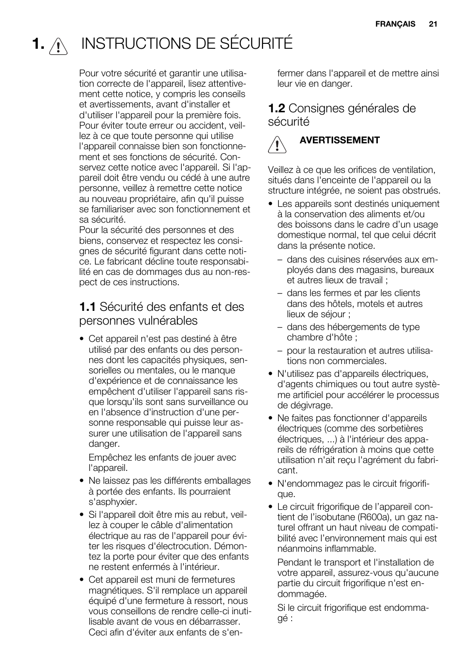 Instructions de sécurité, 2 consignes générales de sécurité | Electrolux EUN2244AOW User Manual | Page 21 / 80