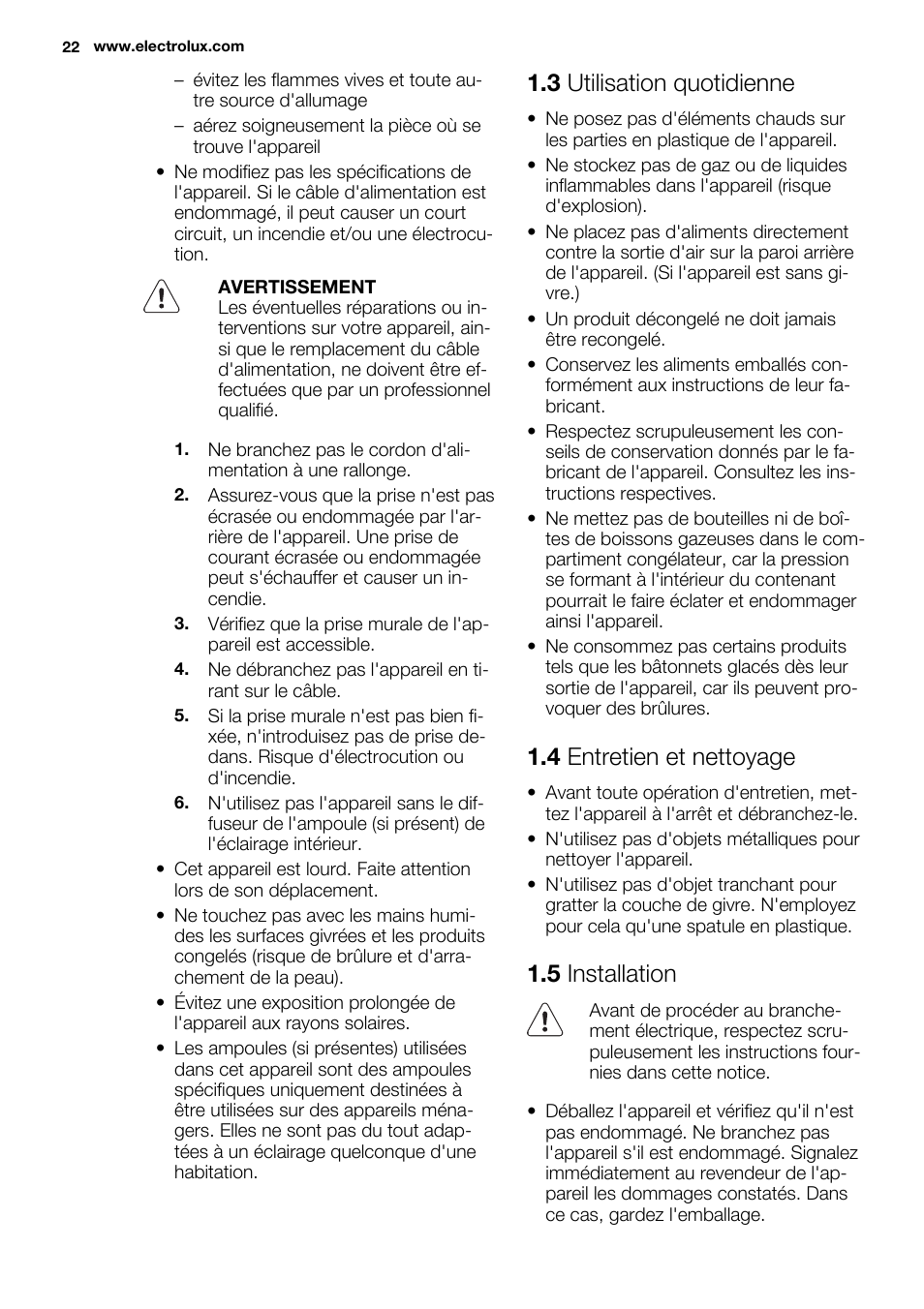 3 utilisation quotidienne, 4 entretien et nettoyage, 5 installation | Electrolux EUN2244AOW User Manual | Page 22 / 80