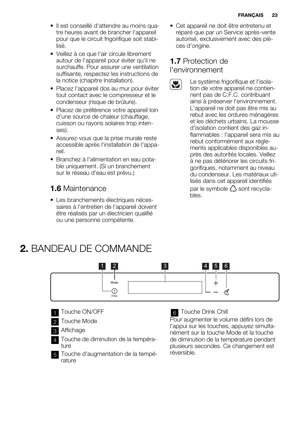 Bandeau de commande, 6 maintenance, 7 protection de l'environnement | Electrolux EUN2244AOW User Manual | Page 23 / 80