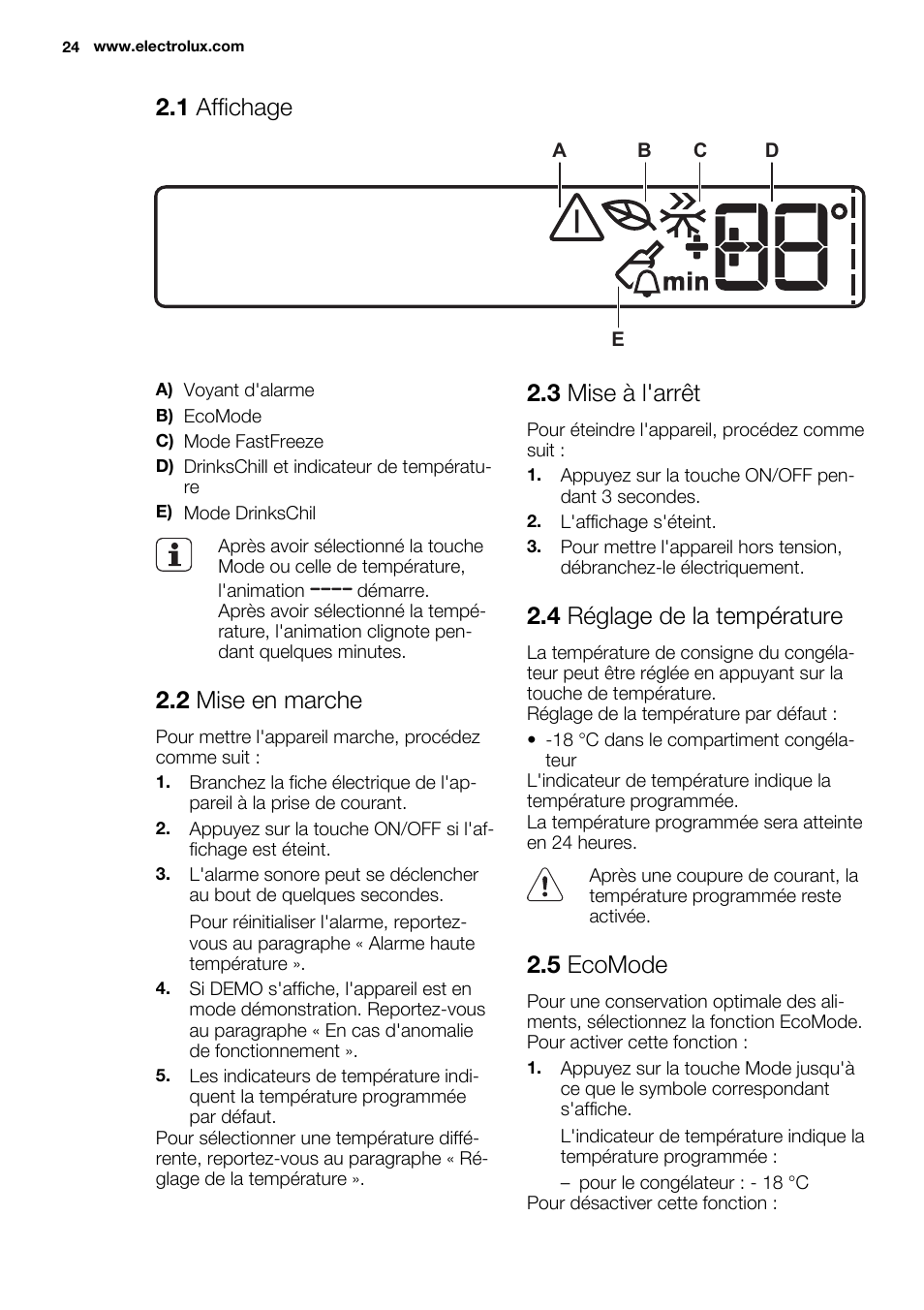 1 affichage, 2 mise en marche, 3 mise à l'arrêt | 4 réglage de la température, 5 ecomode | Electrolux EUN2244AOW User Manual | Page 24 / 80