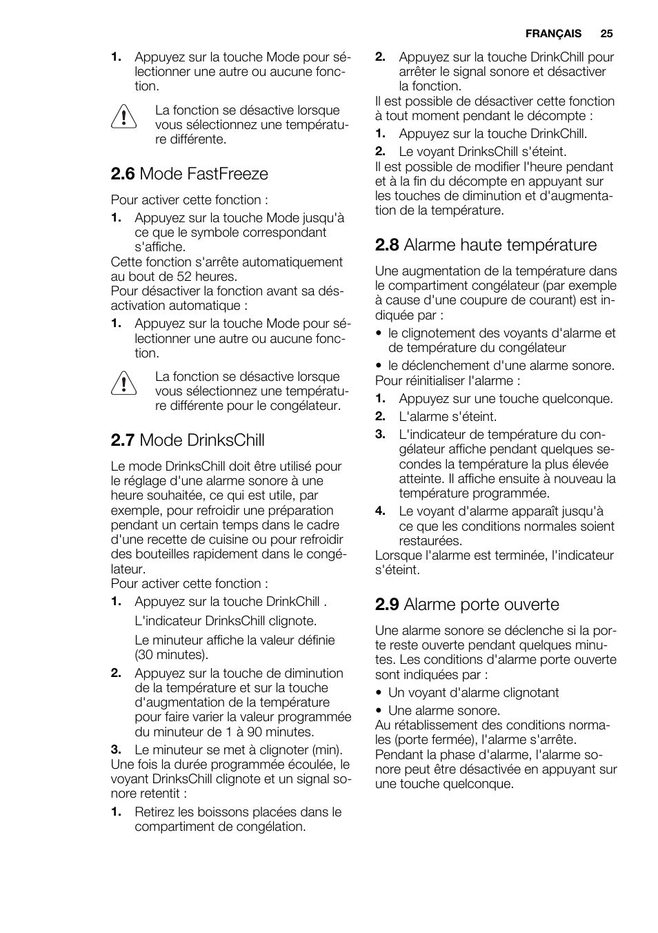 6 mode fastfreeze, 7 mode drinkschill, 8 alarme haute température | 9 alarme porte ouverte | Electrolux EUN2244AOW User Manual | Page 25 / 80