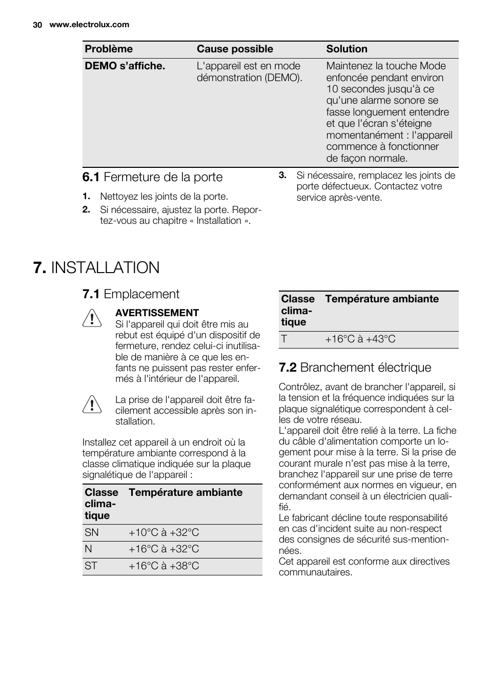 Installation, 1 fermeture de la porte, 1 emplacement | 2 branchement électrique | Electrolux EUN2244AOW User Manual | Page 30 / 80