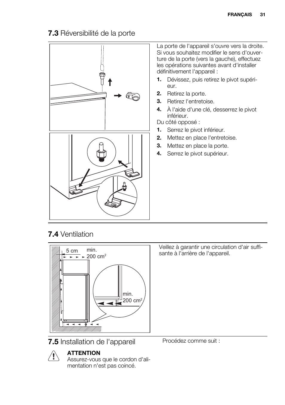 3 réversibilité de la porte, 4 ventilation, 5 installation de l'appareil | Electrolux EUN2244AOW User Manual | Page 31 / 80