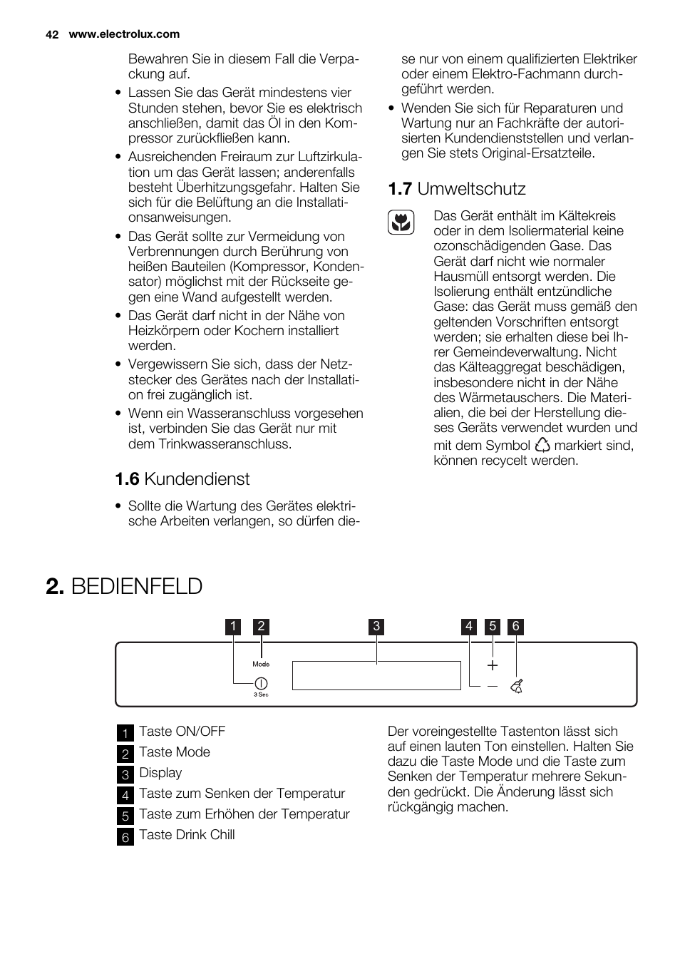 Bedienfeld, 6 kundendienst, 7 umweltschutz | Electrolux EUN2244AOW User Manual | Page 42 / 80