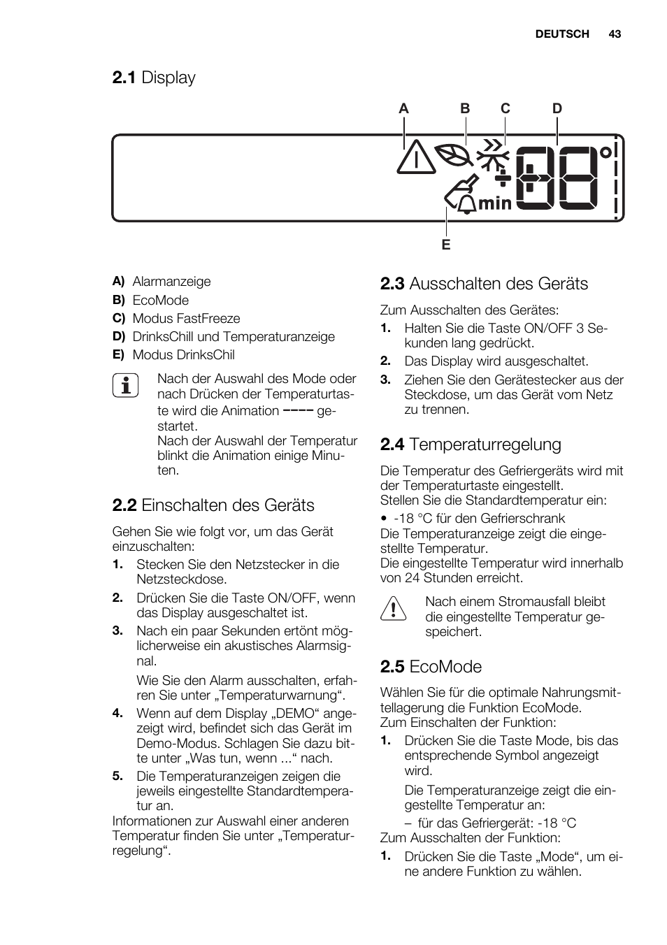 1 display, 2 einschalten des geräts, 3 ausschalten des geräts | 4 temperaturregelung, 5 ecomode | Electrolux EUN2244AOW User Manual | Page 43 / 80