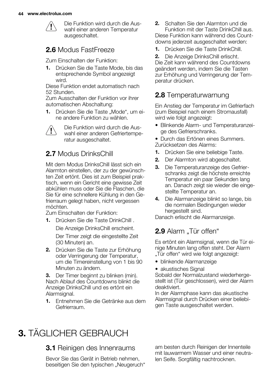 Täglicher gebrauch, 6 modus fastfreeze, 7 modus drinkschill | 8 temperaturwarnung, 9 alarm „tür offen, 1 reinigen des innenraums | Electrolux EUN2244AOW User Manual | Page 44 / 80