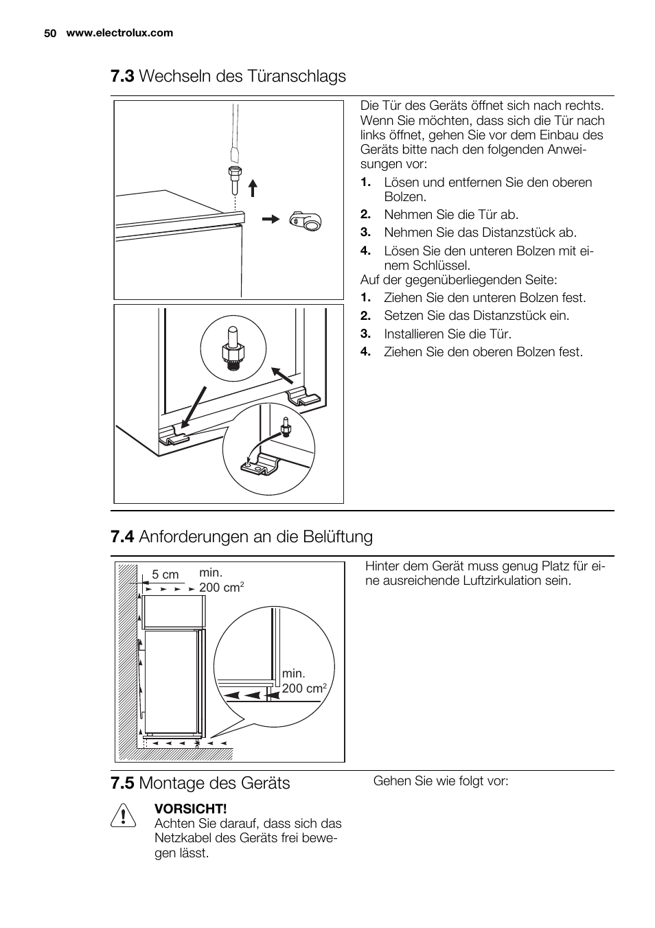 3 wechseln des türanschlags, 4 anforderungen an die belüftung, 5 montage des geräts | Electrolux EUN2244AOW User Manual | Page 50 / 80