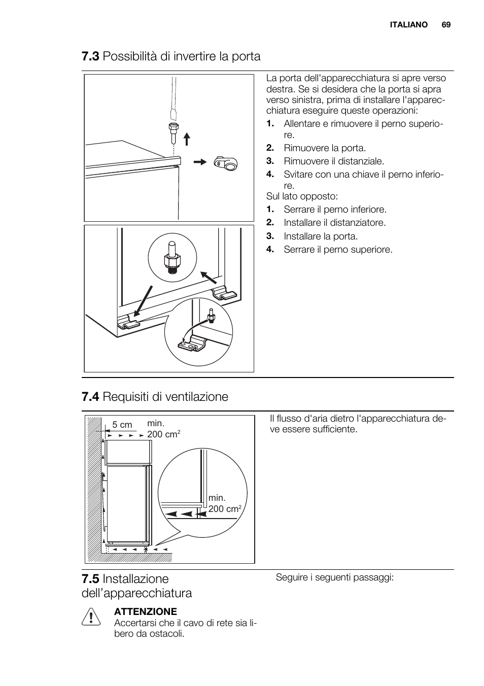 3 possibilità di invertire la porta, 4 requisiti di ventilazione, 5 installazione dell’apparecchiatura | Electrolux EUN2244AOW User Manual | Page 69 / 80