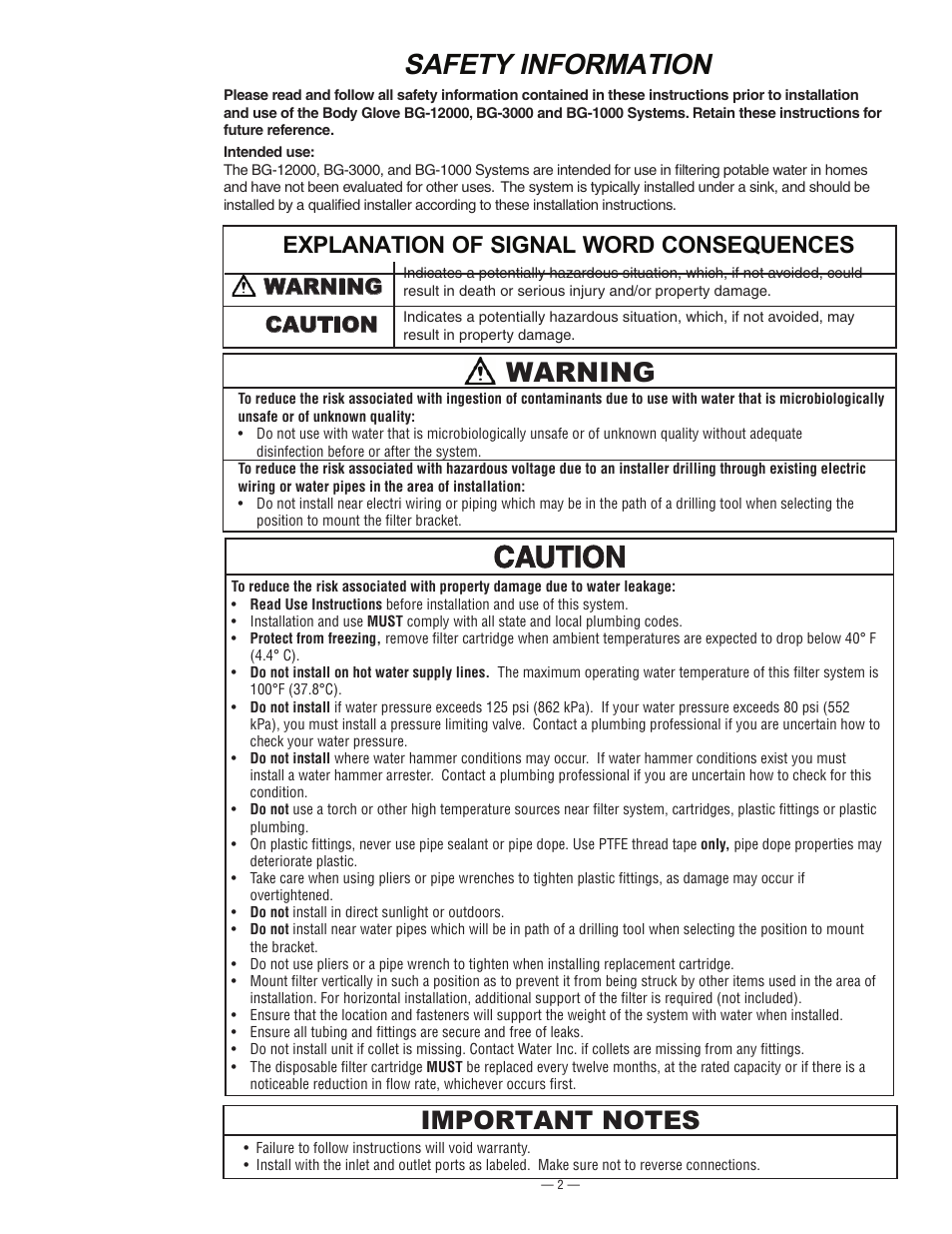 Safety information, Warning, Explanation of signal word consequences | Caution warning | Water Inc BG 1000 User Manual | Page 2 / 8