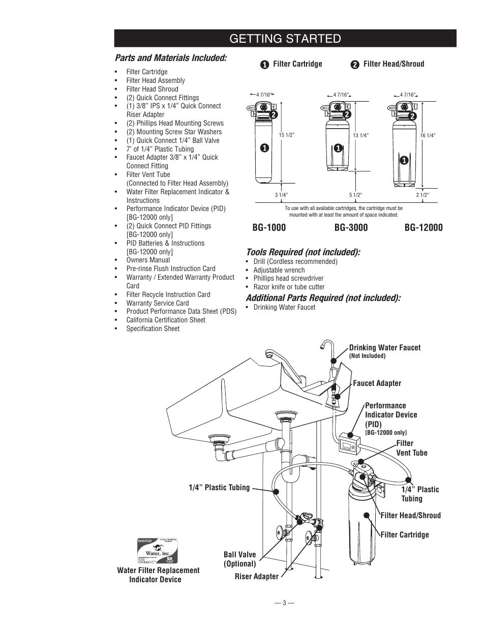 Getting started, Typical installation example, Parts and materials included | Tools required (not included), Additional parts required (not included) | Water Inc BG 1000 User Manual | Page 3 / 8