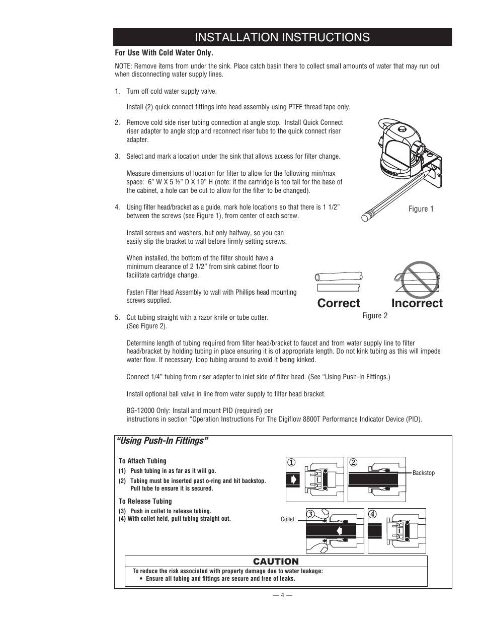 Correct incorrect, Installation instructions, Using push-in fittings | Water Inc BG 1000 User Manual | Page 4 / 8