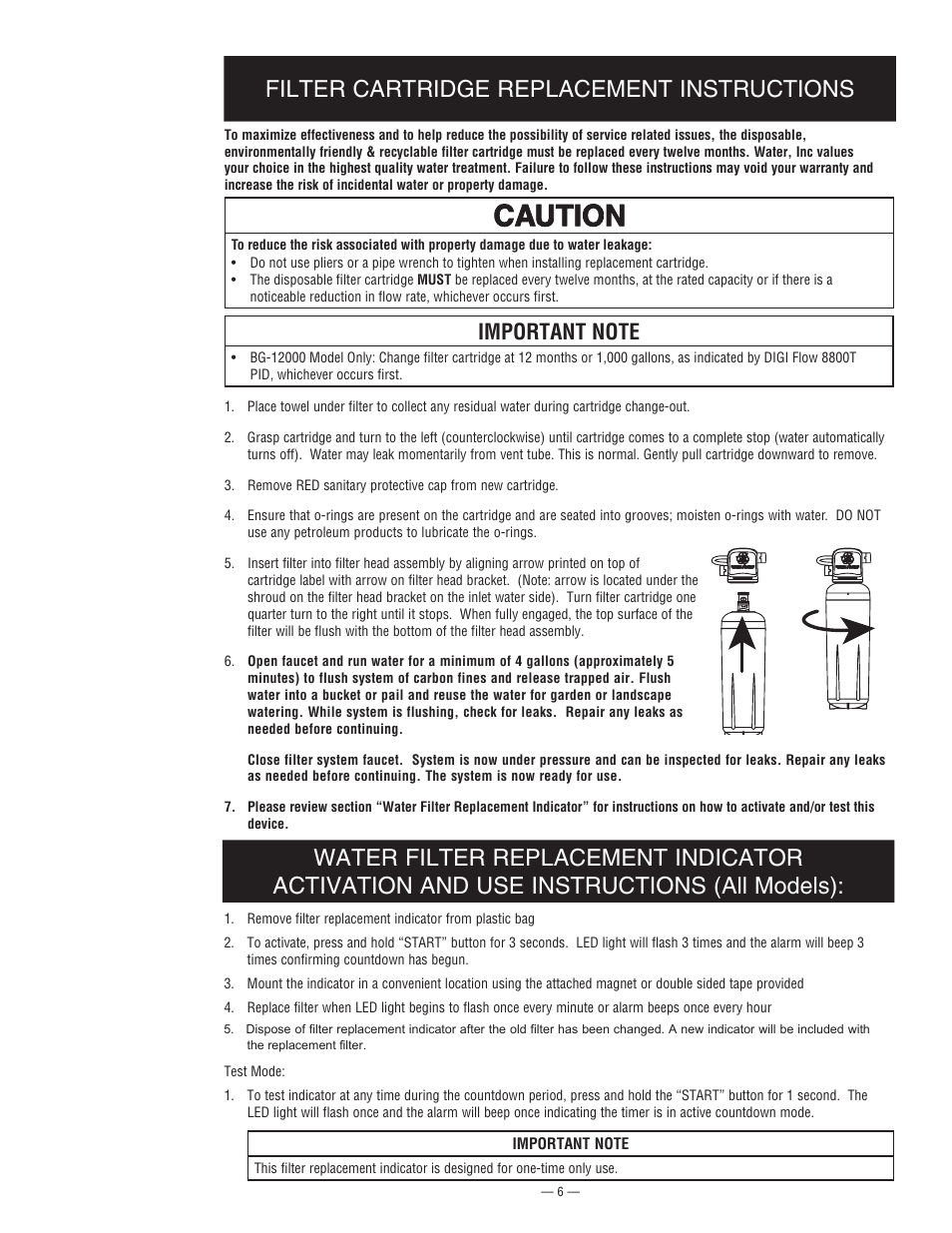 Filter cartridge replacement instructions | Water Inc BG 1000 User Manual | Page 6 / 8