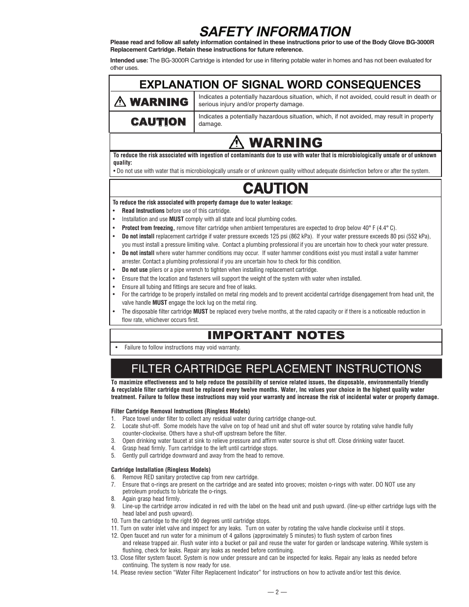 Safety information, Warning, Explanation of signal word consequences | Filter cartridge replacement instructions, Caution warning | Water Inc BG-3000S/BG-3000R User Manual | Page 2 / 4