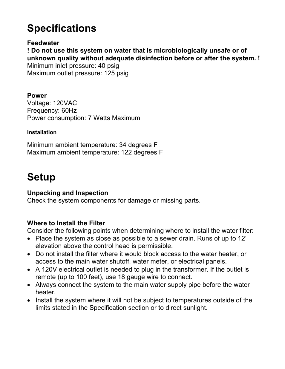 Specifications, Setup | Water Inc HOUSEPURE HP04 User Manual | Page 5 / 10