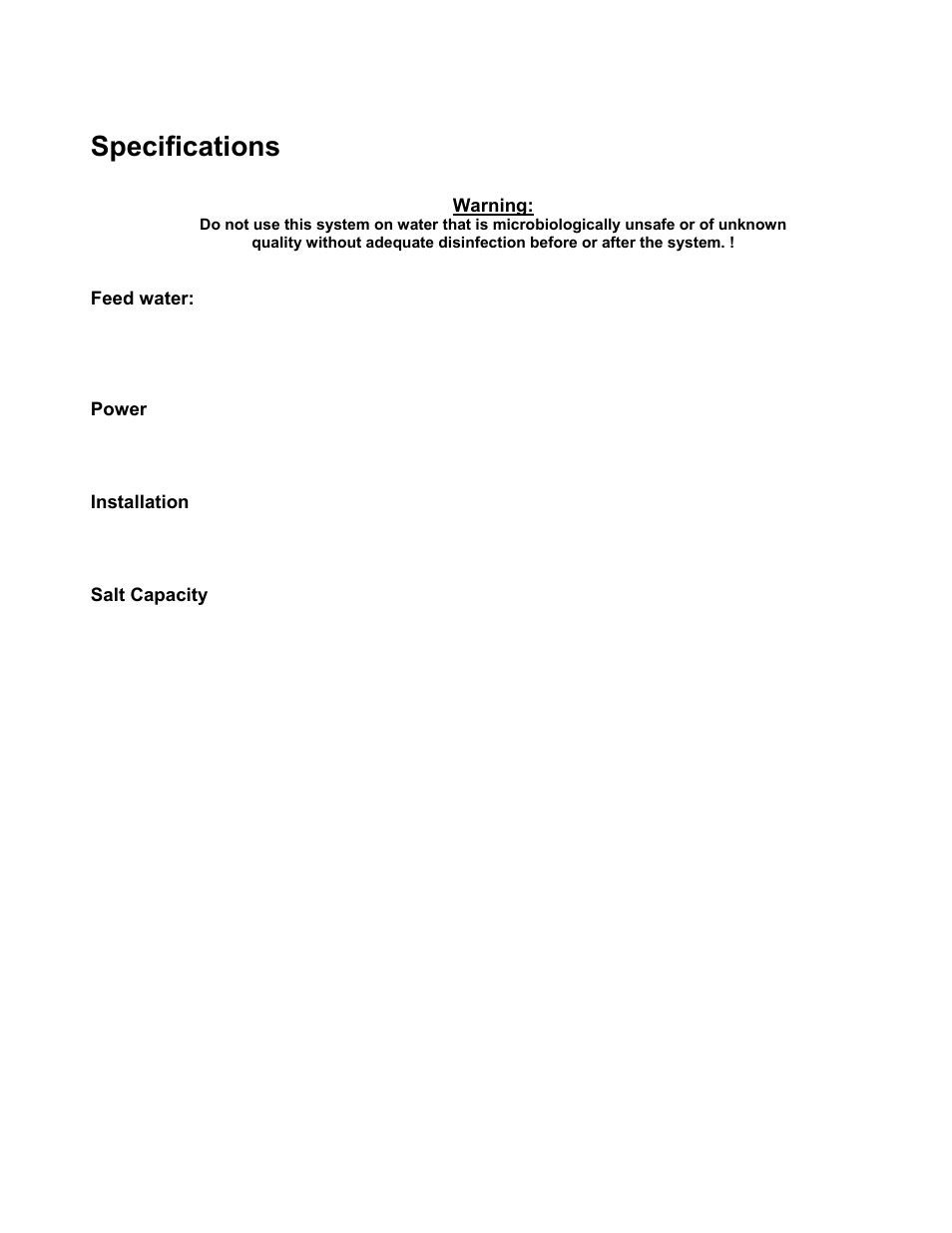 Feed water, Power, Installation | Salt capacity, Eedwater, Ower, Nstallation, Apacity, Specifications | Water Inc HP-Soft-4 User Manual | Page 4 / 18