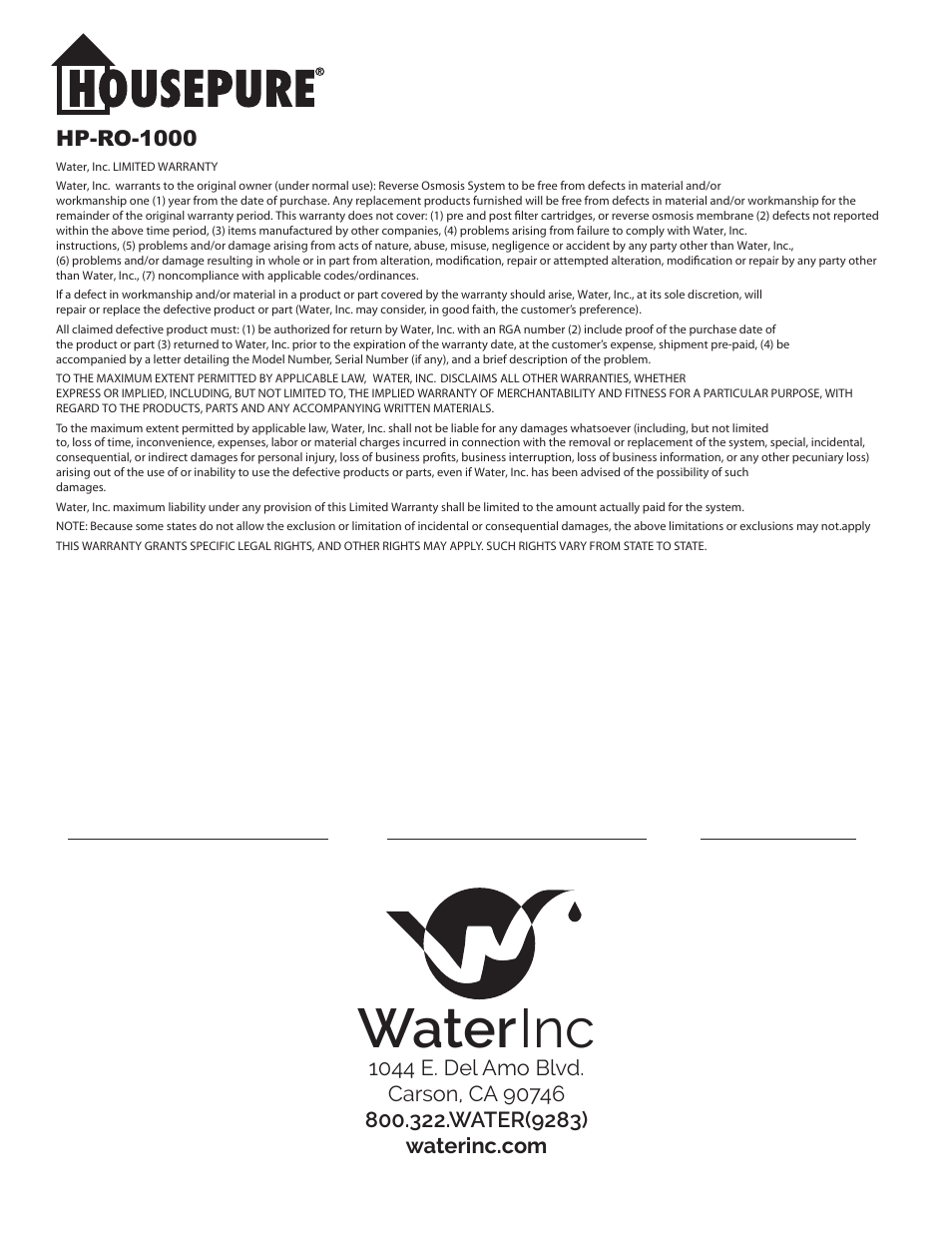 Water | Water Inc HP-RO-1000 User Manual | Page 16 / 16