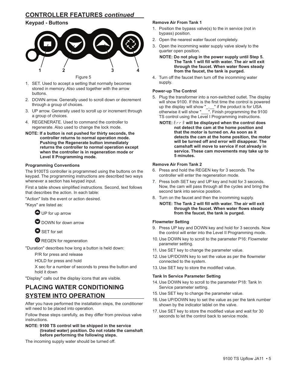 Placing water conditioning system into operation, Controller features continued | Water Inc wi-hp9100-TS Upflou User Manual | Page 5 / 34