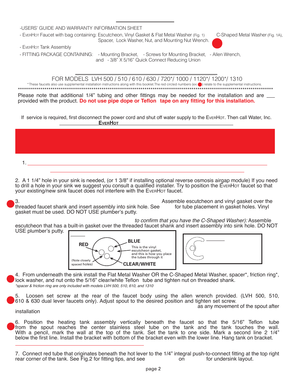 Installation instructions, Parts list | Water Inc LVH 1310 User Manual | Page 2 / 4