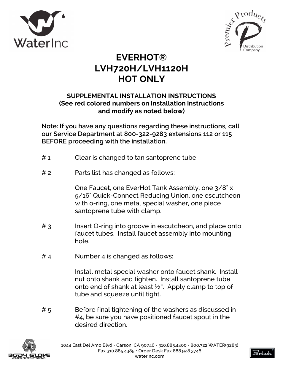 Water Inc LVH1120H User Manual | 2 pages