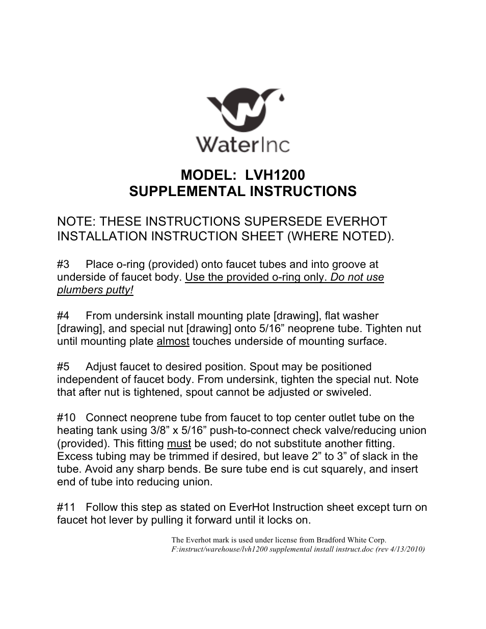 Water Inc LVH1200 User Manual | 1 page