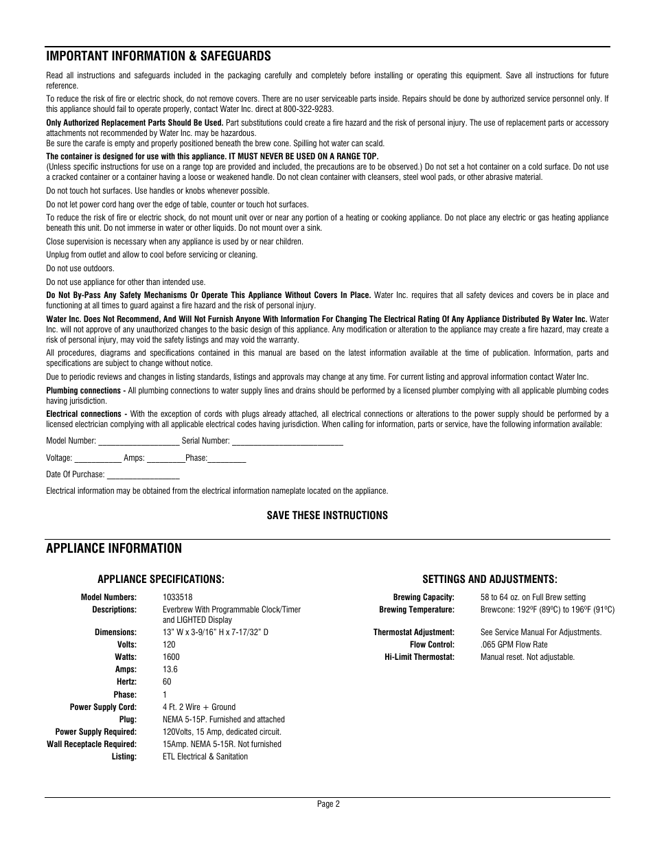 Important information & safeguards, Appliance information | Water Inc EVERBREW1033518 User Manual | Page 2 / 10