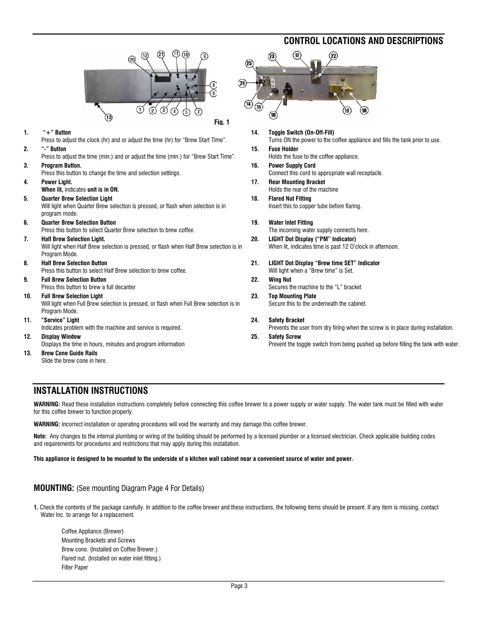 Control locations and descriptions, Installation instructions, Mounting | Water Inc EVERBREW1033518 User Manual | Page 3 / 10