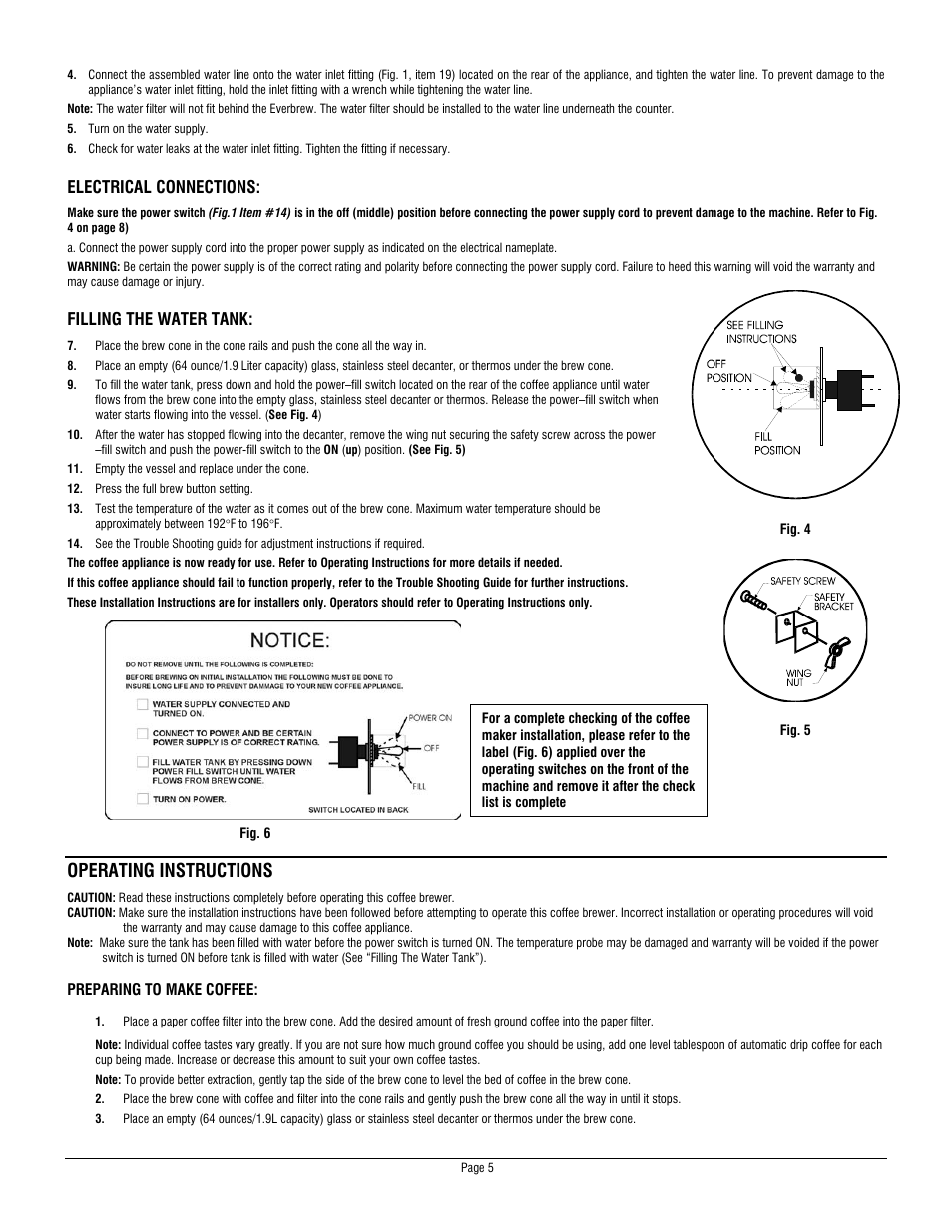 Operating instructions | Water Inc EVERBREW1033518 User Manual | Page 5 / 10