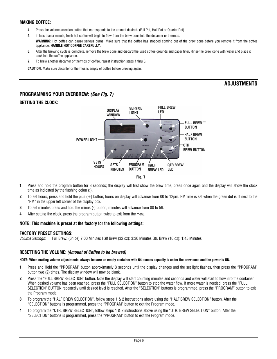 Adjustments | Water Inc EVERBREW1033518 User Manual | Page 6 / 10