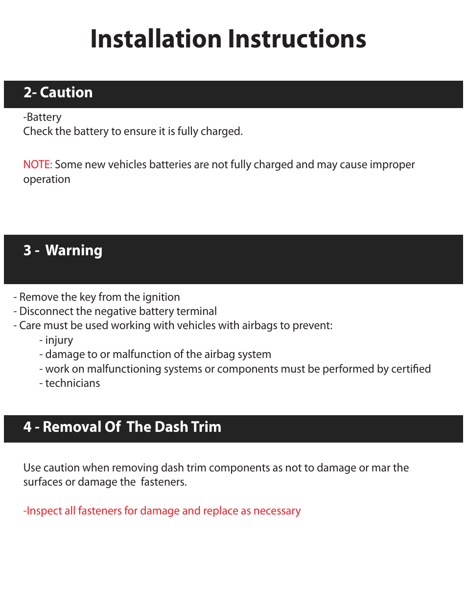 Installation instructions, Caution, 3 - warning | 4 - removal of the dash trim | Myron&Davis NV7HCV1 User Manual | Page 3 / 9