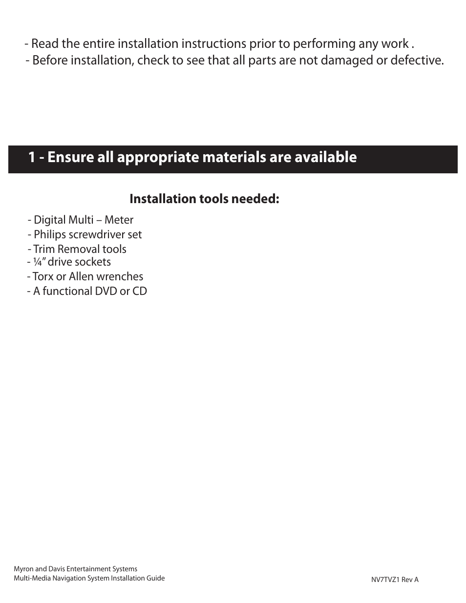 1 - ensure all appropriate materials are available | Myron&Davis NV7TVZ1 User Manual | Page 2 / 10