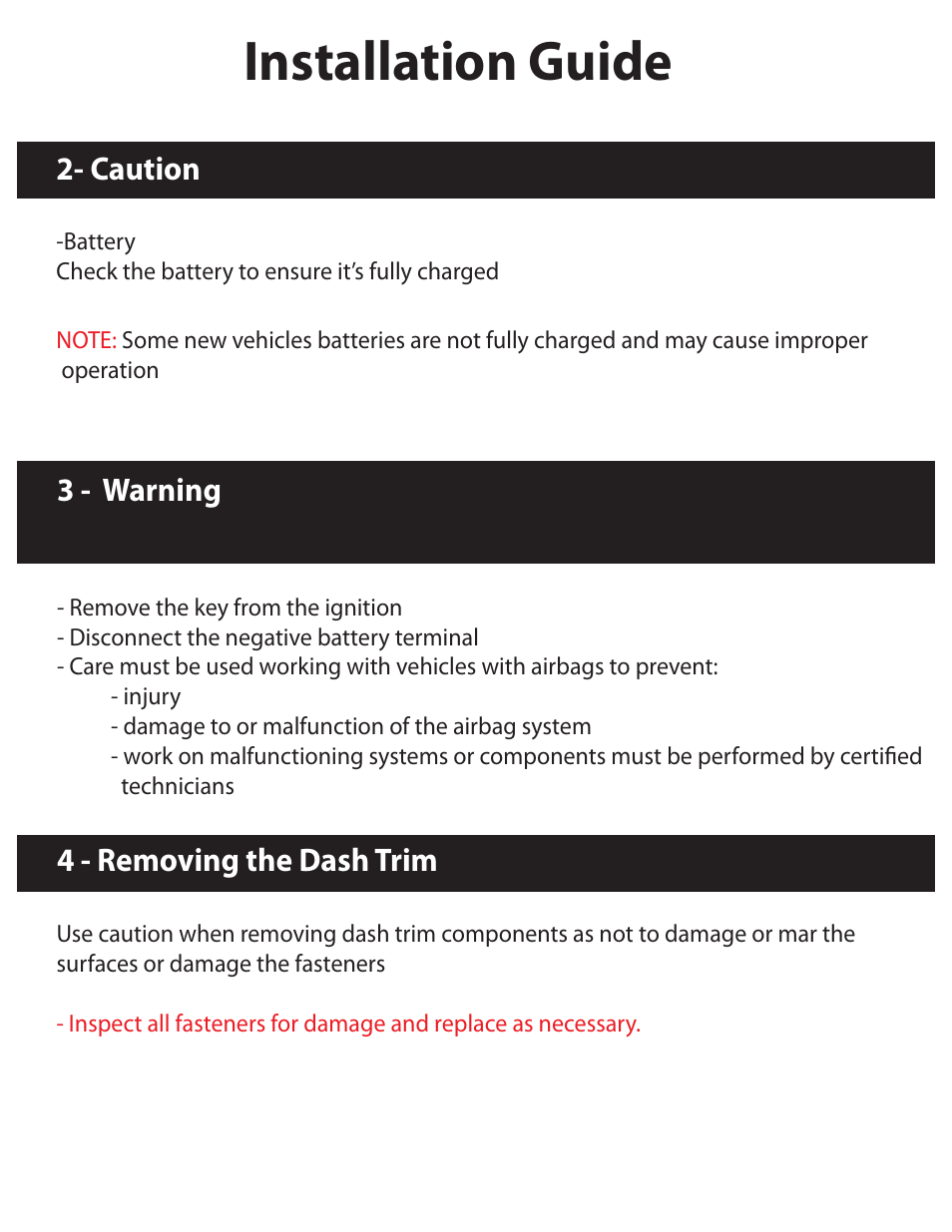 Installation guide, Caution, 3 - warning | 4 - removing the dash trim | Myron&Davis NV7TRV1 User Manual | Page 3 / 11