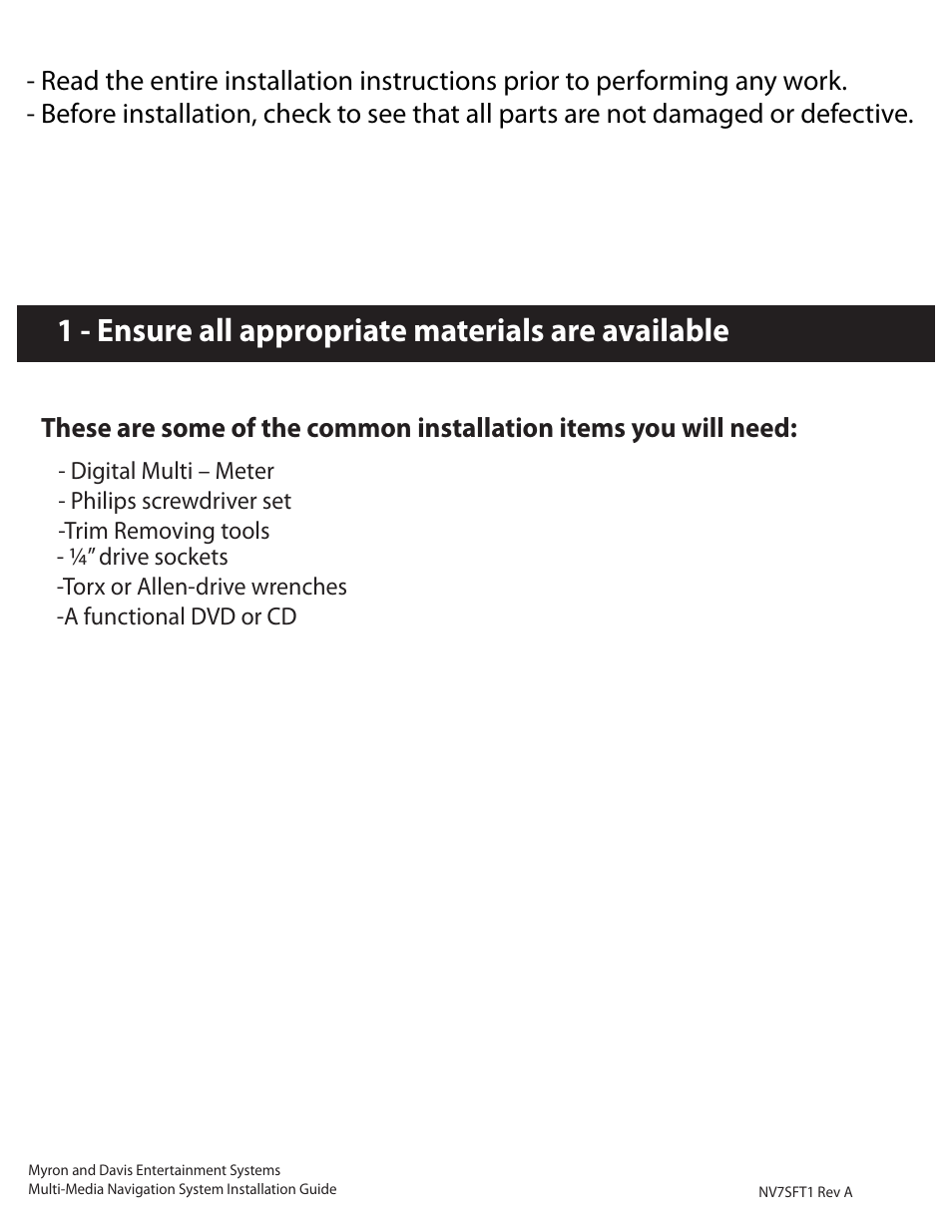 1 - ensure all appropriate materials are available | Myron&Davis NV7SFT1 User Manual | Page 2 / 11