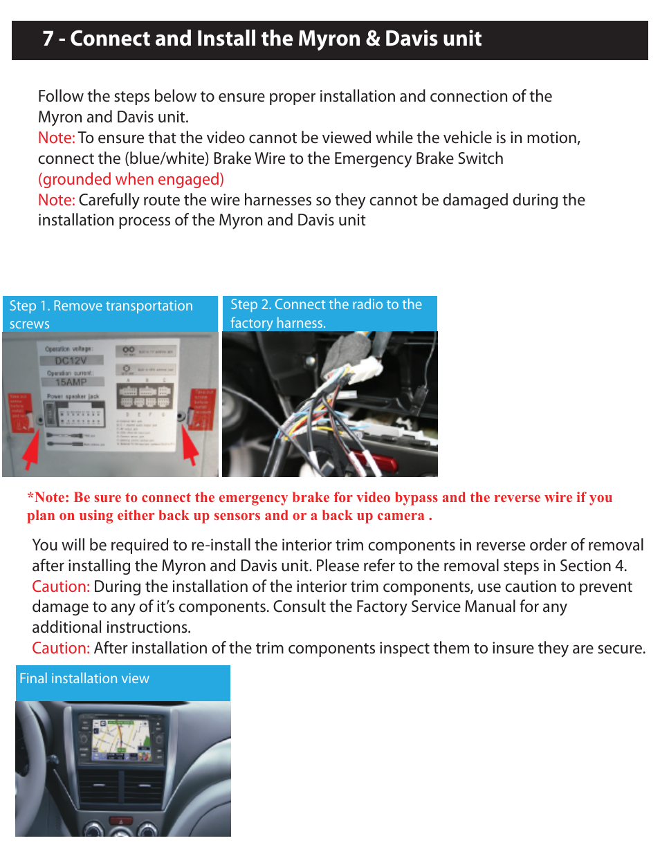 Re-install the interior trim components, 7 - connect and install the myron & davis unit | Myron&Davis NV7SFT1 User Manual | Page 7 / 11