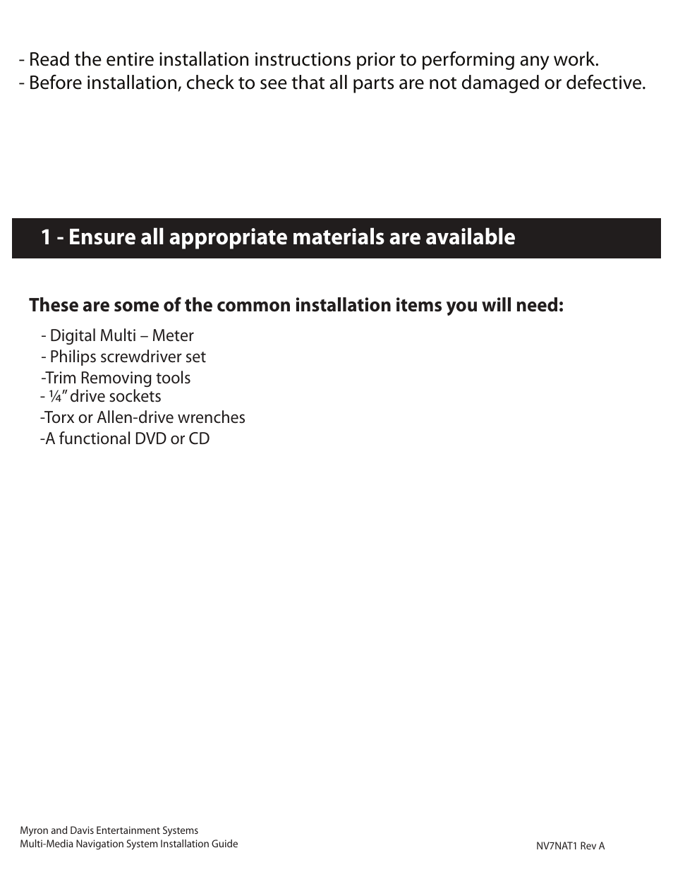 1 - ensure all appropriate materials are available | Myron&Davis NV7NAT1 User Manual | Page 2 / 12