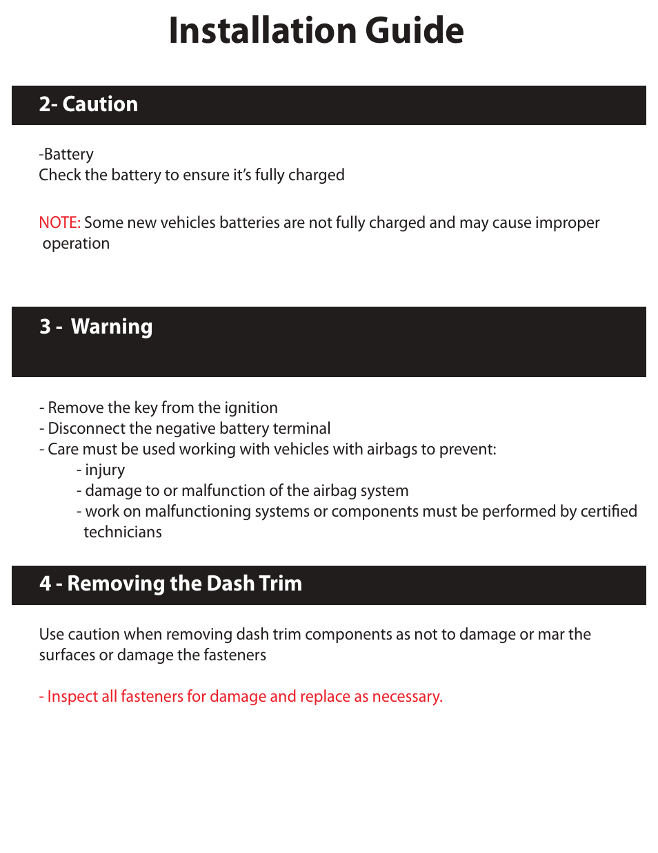 Installation guide, Caution, 3 - warning | 4 - removing the dash trim | Myron&Davis NV7NAT1 User Manual | Page 3 / 12