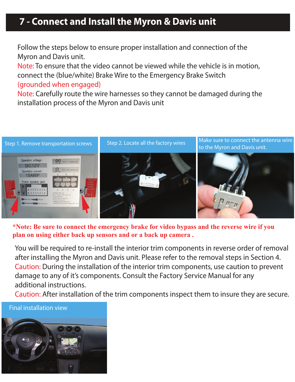 Re-install the interior trim components, 7 - connect and install the myron & davis unit | Myron&Davis NV7NAT1 User Manual | Page 8 / 12