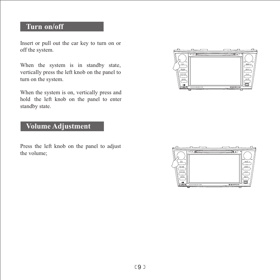 页 11, Turn on / off volume adjustment, Hold | Left knob on the panel to adjust the volume | Myron&Davis NV8TCM1 User Manual | Page 11 / 17