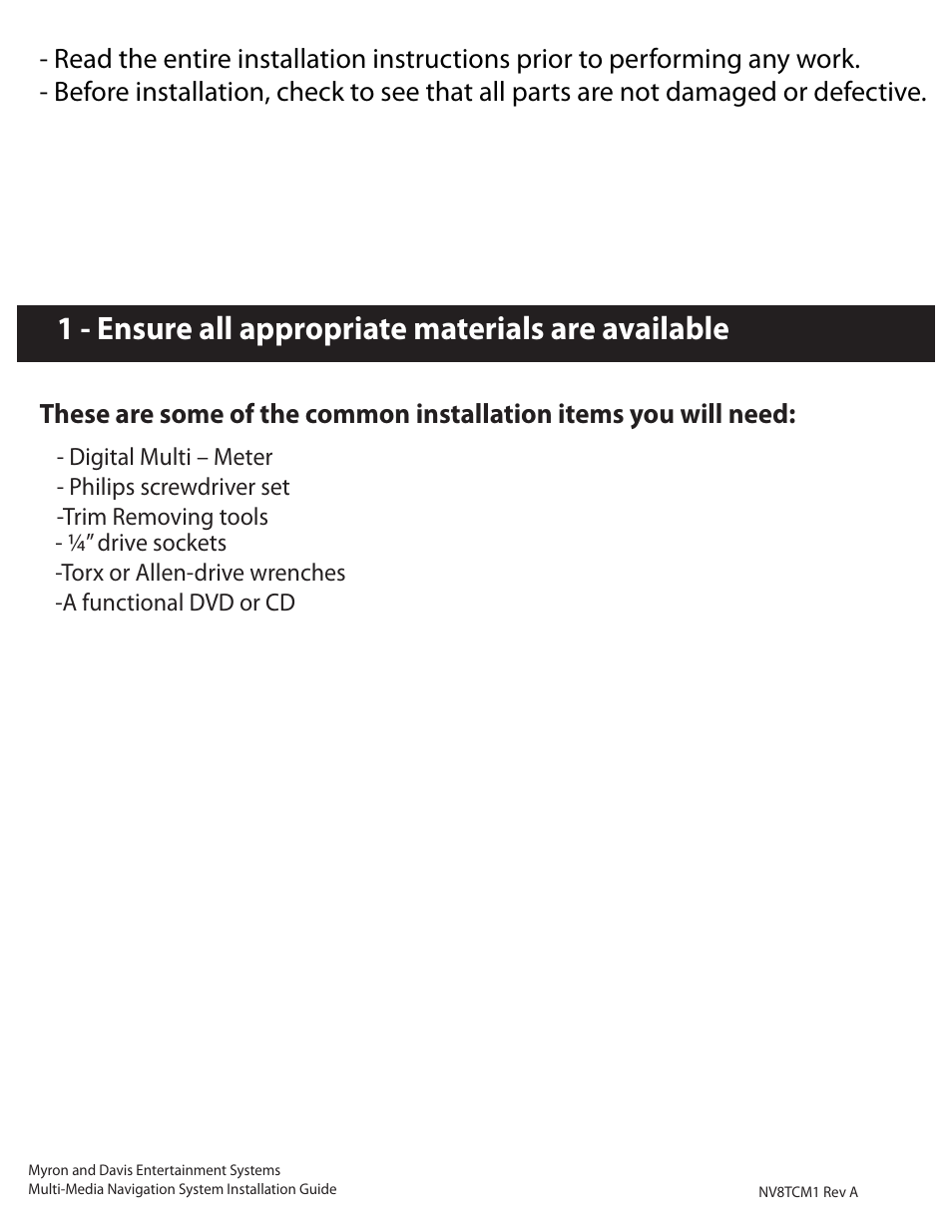 1 - ensure all appropriate materials are available | Myron&Davis NV8TCM1 User Manual | Page 2 / 11