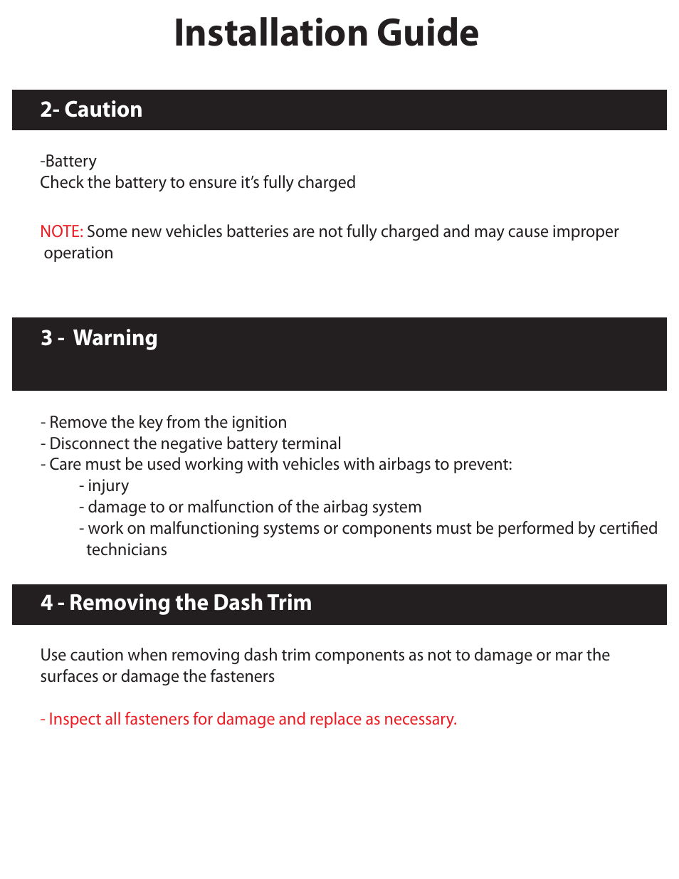 Installation guide, Caution, 3 - warning | 4 - removing the dash trim | Myron&Davis NV8TCM1 User Manual | Page 3 / 11