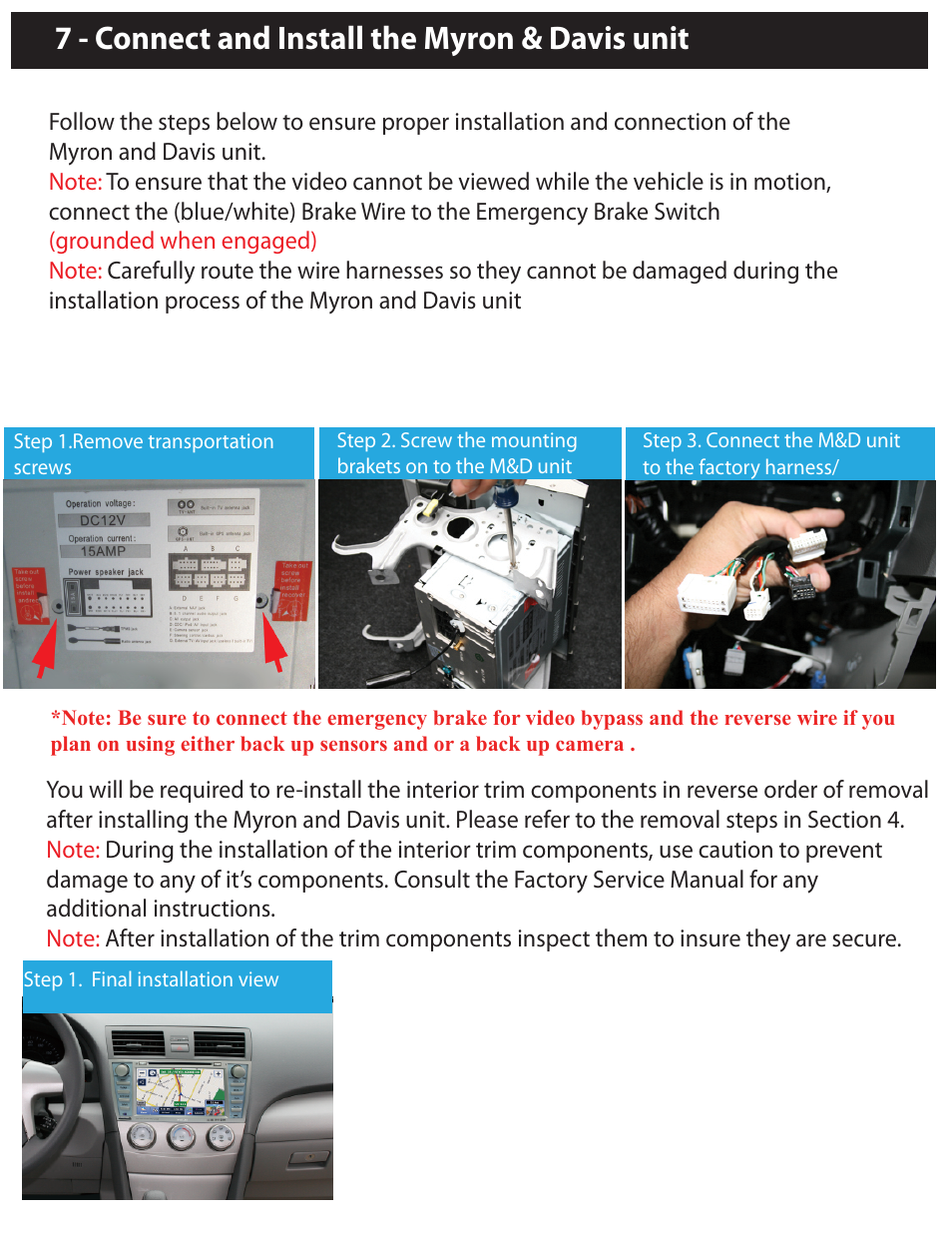 7 - connect and install the myron & davis unit, Re-install the interior trim components | Myron&Davis NV8TCM1 User Manual | Page 7 / 11