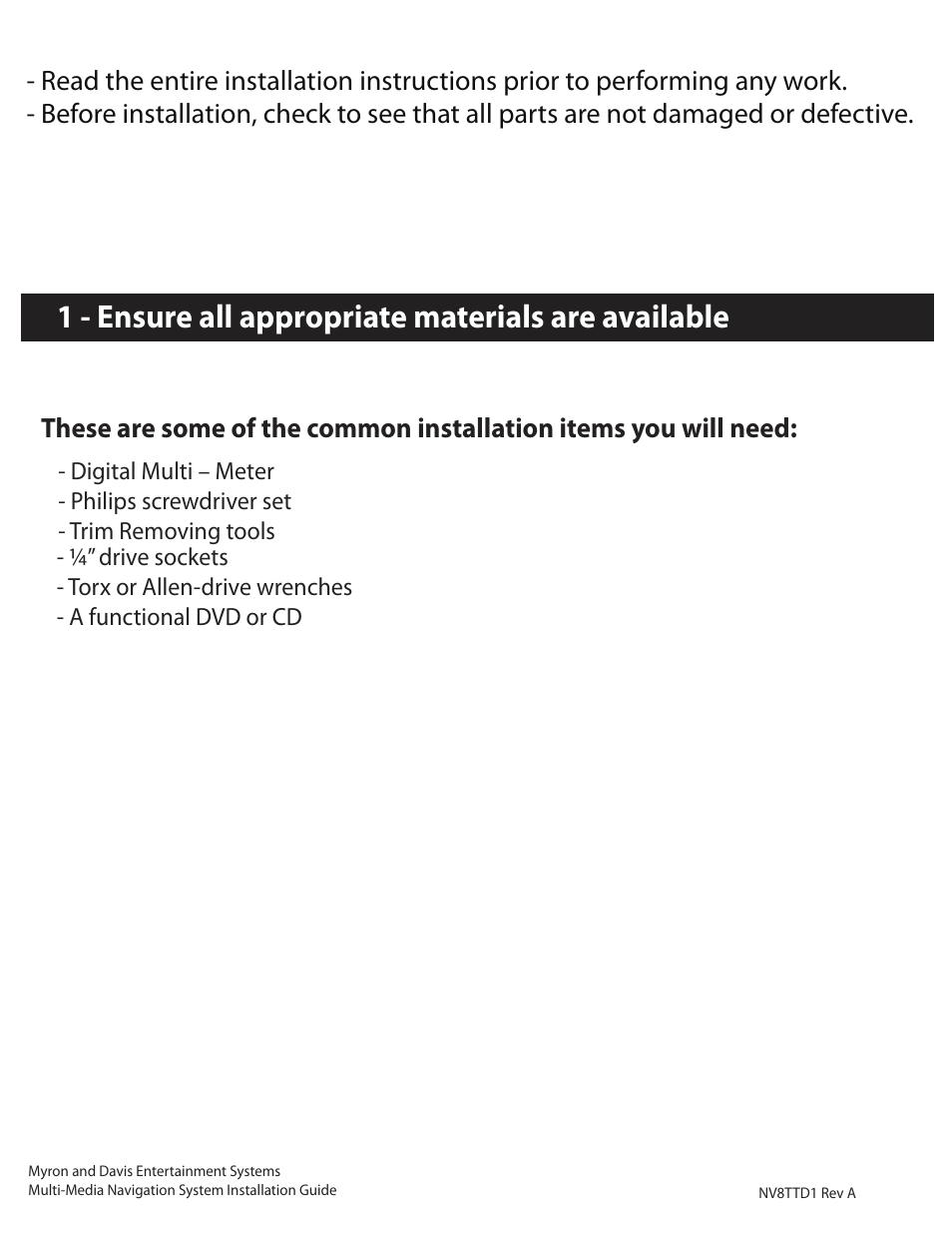 1 - ensure all appropriate materials are available | Myron&Davis NV7TTD1 User Manual | Page 2 / 11